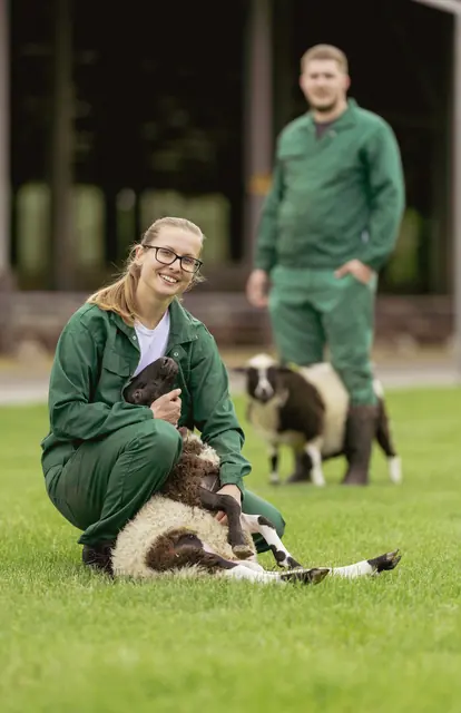 Két munkatárs munkaruhában, kutyával egy gazdaság területén